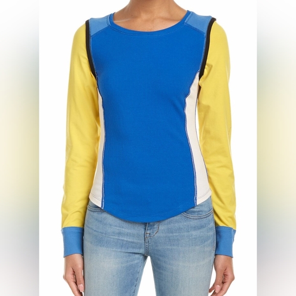 Free People Fancy That Long Sleeve T-shirt Women's Medium Colorblock Ribbed - Picture 1 of 6